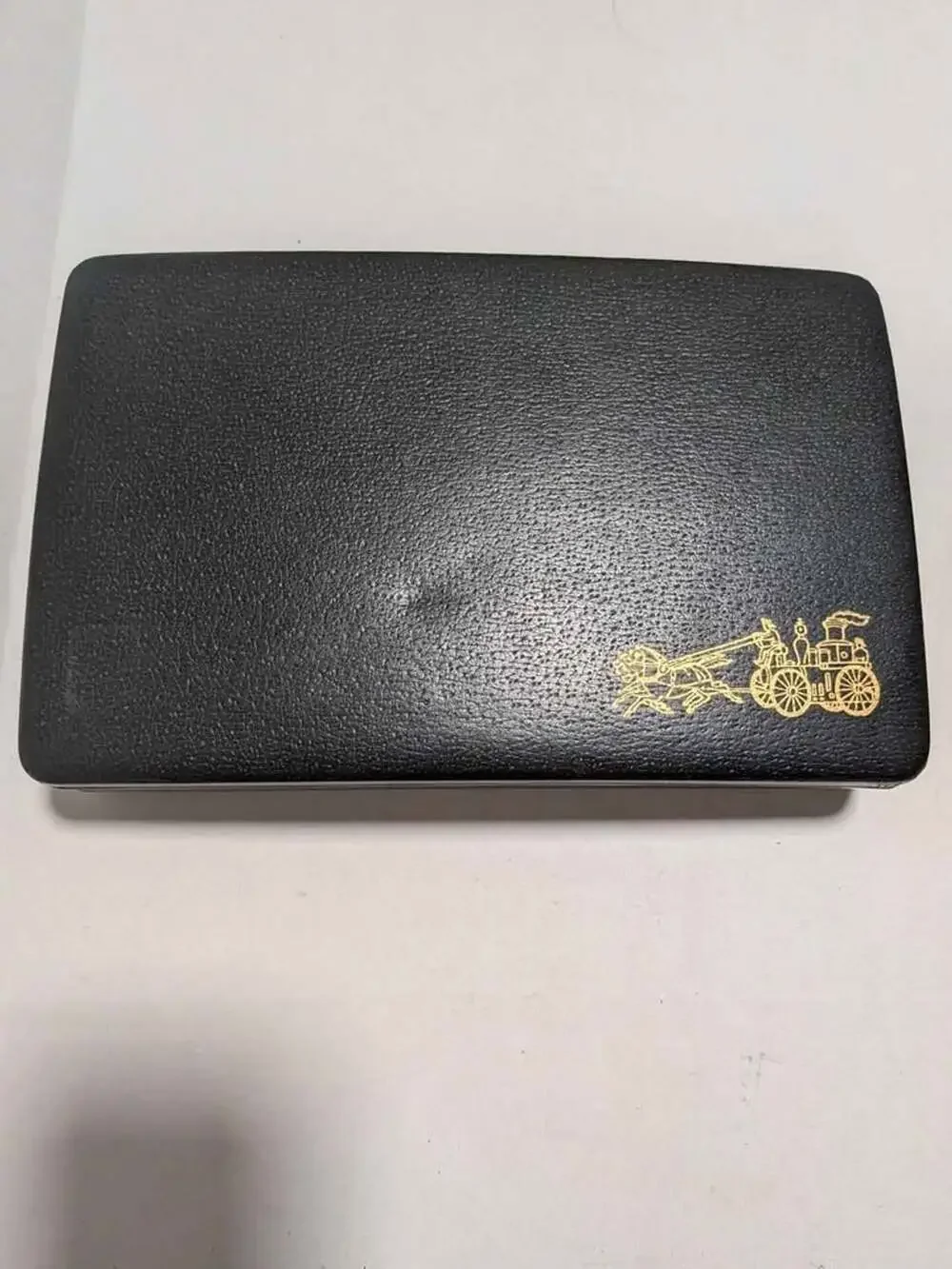 Vintage Mid-Century Mele Jewelry Box Black Faux Leather Red Velvet Horse Carriag